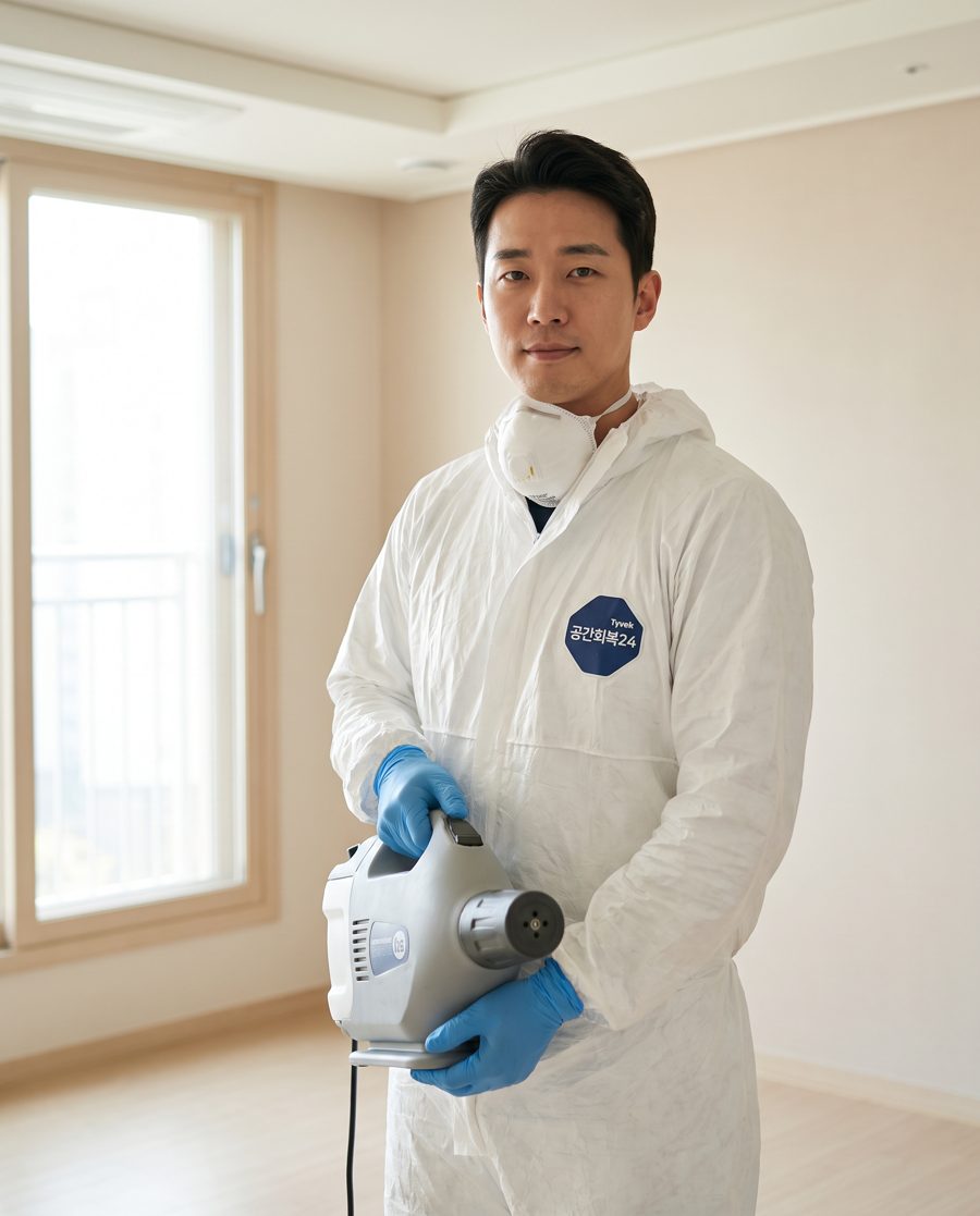 공간회복24 로고가 새겨진 흰색 작업복을 입고 청소 도구를 든 작업자